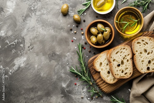 Top view of bowls with olive oil olives sliced bread and rosemary on a cutting board over a concrete background with room for text