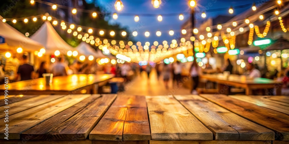 Wooden Table with Blurred Festive Lights, Blurred Background, Night Market , Night Market , Festival Lights Wooden Table with Blurred Festive Lights, Blurred Background, Night Market , Night Market , Festival Lights