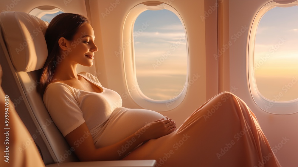 Fototapeta premium pregnant woman relaxing in airplane seat by window, golden hour sunlight streaming in