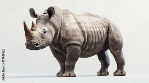 Against a minimalistic background, a rhinoceros with detailed skin and imposing horn stands out clearly. photo