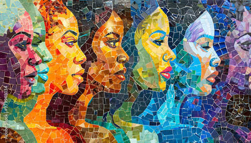 Vibrant, multi-colored portraits of diverse women symbolize strength, unity, and empowerment.