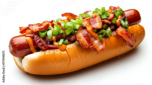 An isolated hot dog with classic toppings and grilled sausage on a white background.