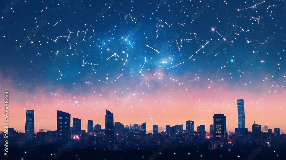 Zodiac constellations within a futuristic city skyline, blending stars and urban lights Zodiac constellations within a futuristic city skyline, blending stars and urban lights