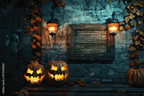 Three carved pumpkins on a shelf in front of a stone wall, perfect for fall or Halloween themed images photo