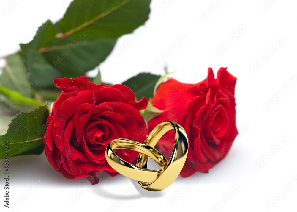 Wedding gold rings and wedding bouquet on the desk Wedding gold rings and wedding bouquet on the desk