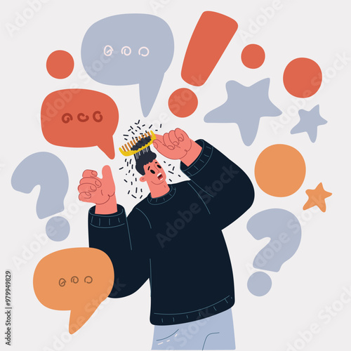 Cartoon vector illustration of a man losing his hair, looking surprised and horrified, concept of hair loss and shock