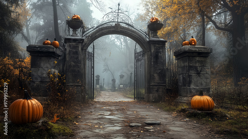 Ancient stone gate to creepy cemetery or abandonded castle, mystical autumn. Mysterious entrance with halloween pumpkins. Background for halloween greeting card, poster, halloween invitation card. Jac photo