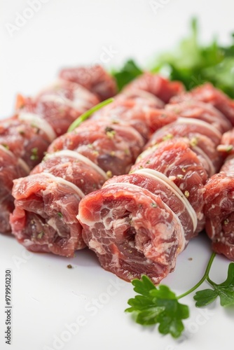 A close-up of a white plate topped with sliced meat and fresh parsley