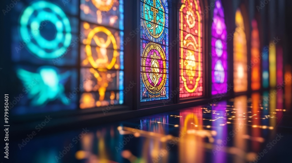 Zodiac symbols as colorful stained glass in a cosmic cathedral, illuminated by starlight Zodiac symbols as colorful stained glass in a cosmic cathedral, illuminated by starlight