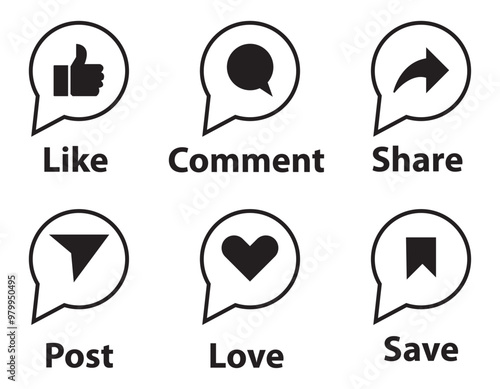 facebook Like icon, comment, share icon button. social media notification icons , thumbs up icon, love, heart, forward icon signs - social network post reactions collection set. Vector icon.