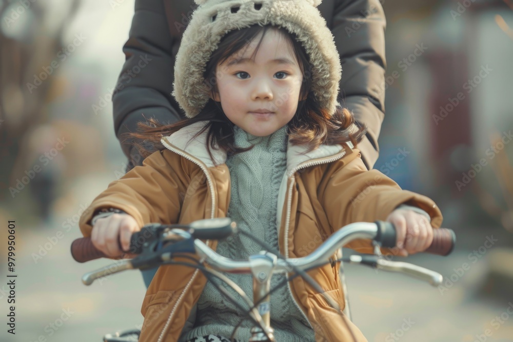 A young girl wearing a hat and sitting on a bike, probably going for a ride A young girl wearing a hat and sitting on a bike, probably going for a ride