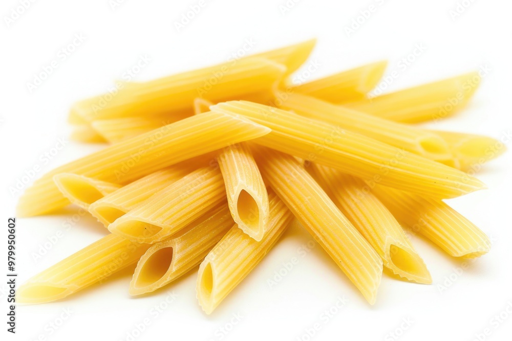 A pile of penne pasta on a white surface A pile of penne pasta on a white surface