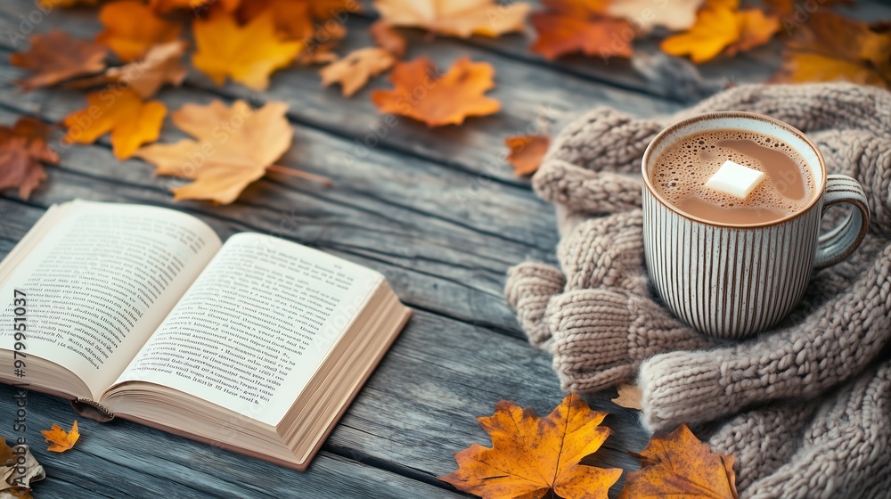 Fototapeta premium A warm background with a knit sweater, a book, and a mug of hot cocoa placed on a weathered wooden table