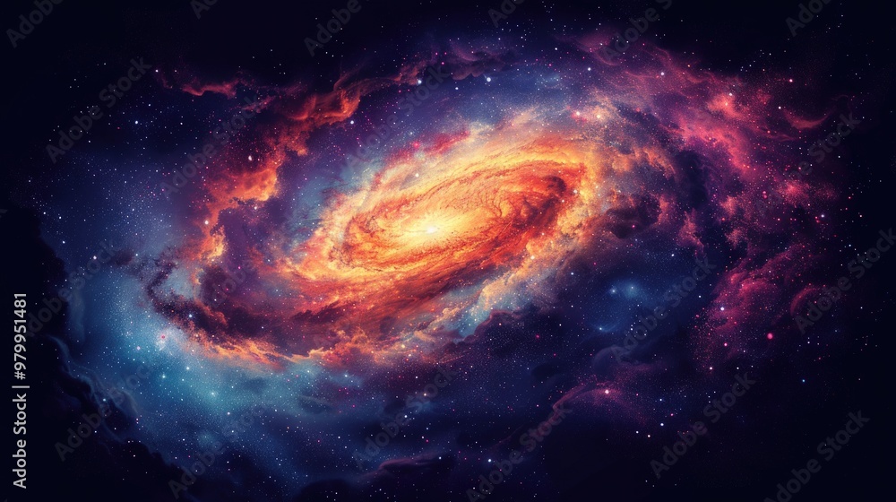 A vibrant, swirling galaxy with bright orange, red, and blue colors in the vastness of space. A vibrant, swirling galaxy with bright orange, red, and blue colors in the vastness of space.