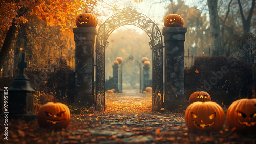 Ancient stone gate to creepy cemetery or abandonded castle, mystical autumn. Mysterious entrance with halloween pumpkins. Background for halloween greeting card, poster, halloween invitation card. Jac photo