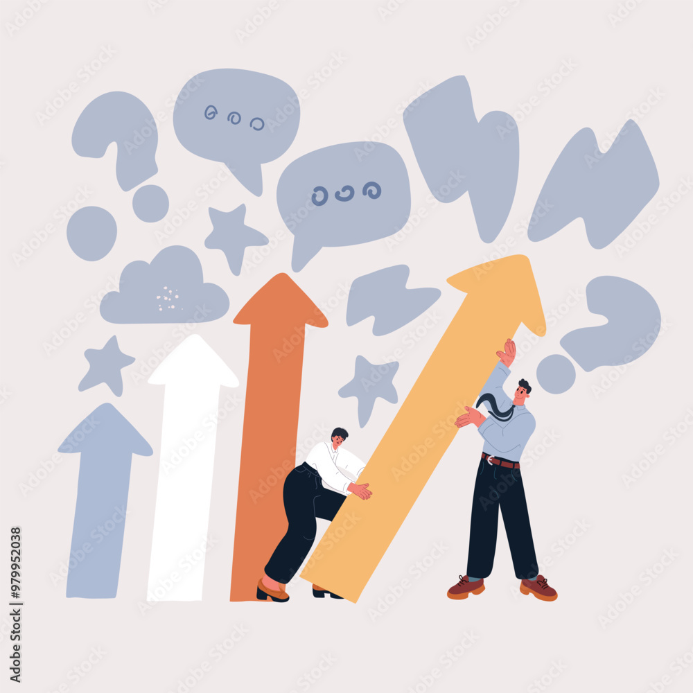 Cartoon vector illustration of a business team, consisting of a man and a woman, placing an upward arrow on a growth chart, concept of business growth and success Cartoon vector illustration of a business team, consisting of a man and a woman, placing an upward arrow on a growth chart, concept of business growth and success