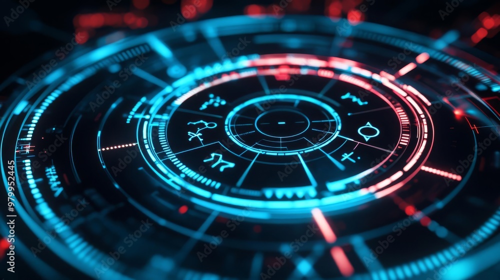 Zodiac wheel, holographic glow, futuristic digital display Zodiac wheel, holographic glow, futuristic digital display