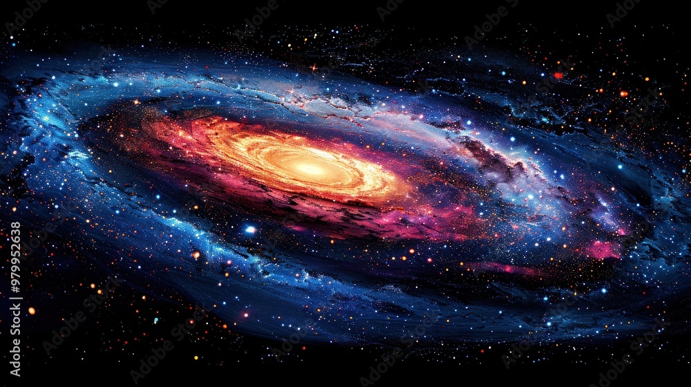 Obraz premium A spiral galaxy with a bright core, surrounded by a field of stars.