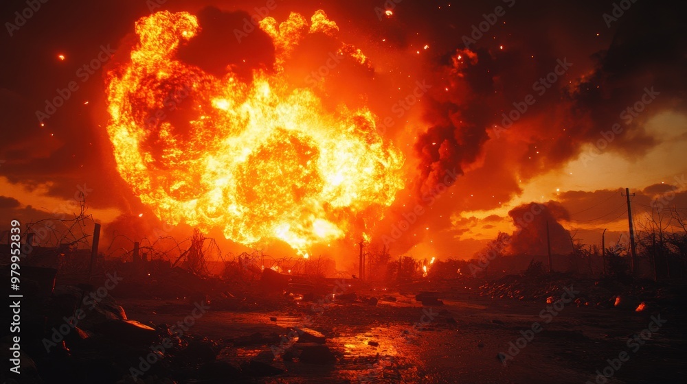 A massive explosion engulfs the warzone, casting a harsh glow over the destruction while debris fills the air against a twilight backdrop A massive explosion engulfs the warzone, casting a harsh glow over the destruction while debris fills the air against a twilight backdrop