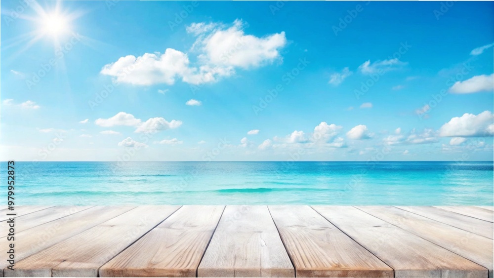 Wooden floor with a vibrant blue sky and ocean, creating a serene summer tropical atmosphere Wooden floor with a vibrant blue sky and ocean, creating a serene summer tropical atmosphere