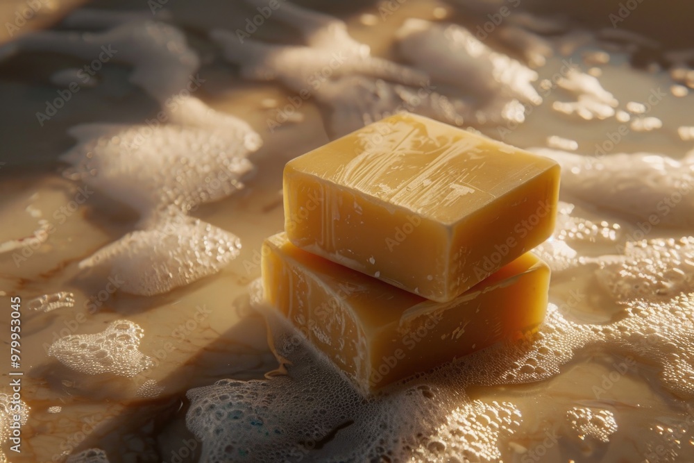 Naklejka premium Two soap bars placed on a beach