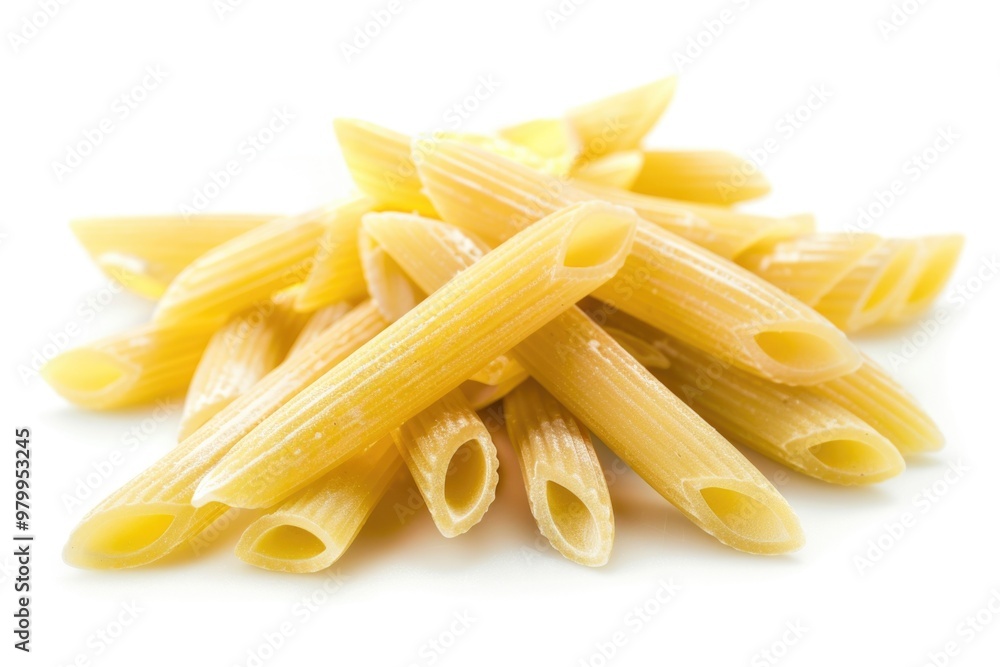 A close-up shot of penne pasta arranged on a clean white surface A close-up shot of penne pasta arranged on a clean white surface
