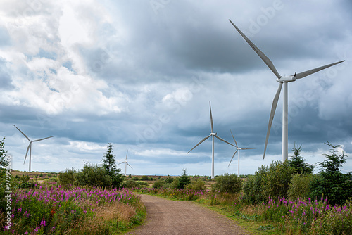 Landscape photography of wind turbine; windmill; wind power; power generation; electricity; industry; innovation; green energy; Whitelee Windfarm, Scotland