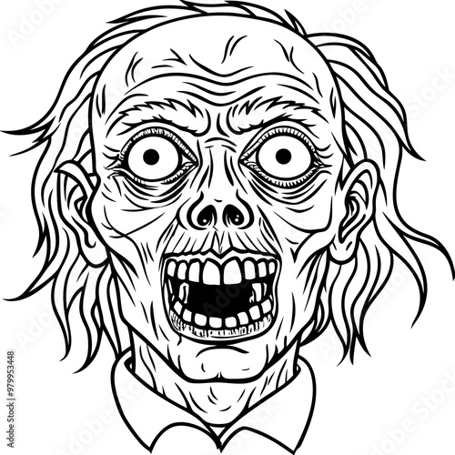 Haunting Zombie Face Hollow Eyes & Ragged Skin Outline Vector