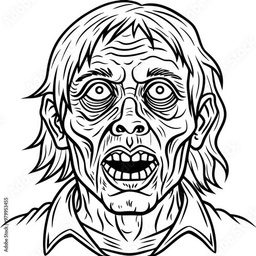 Haunting Zombie Face Hollow Eyes & Ragged Skin Outline Vector