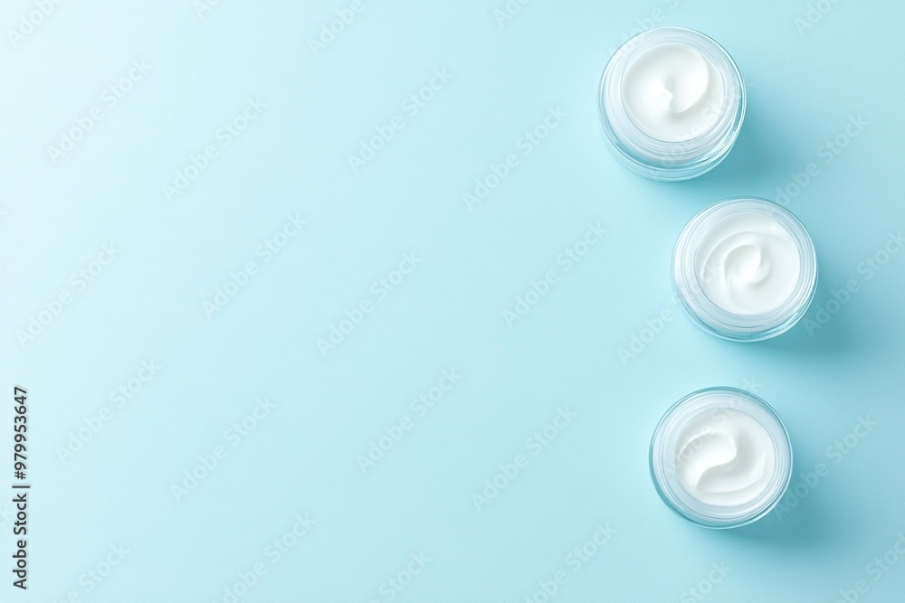 Obraz premium Face cream in jars on light blue background, flat lay. Space for text .generative ai