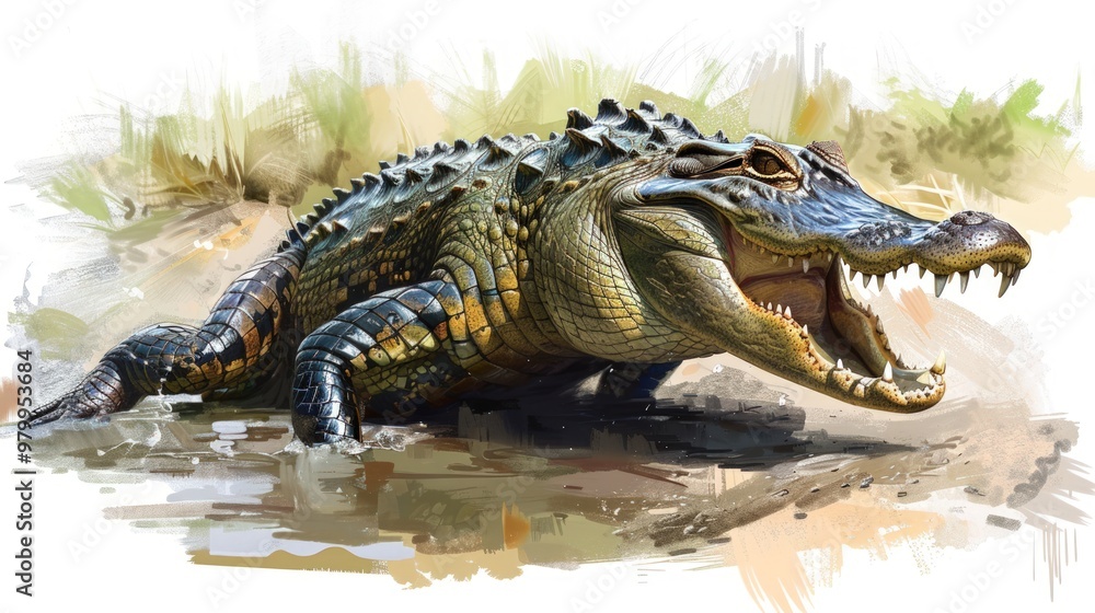 Obraz premium A large alligator with its mouth open, showing its sharp teeth, in a swampy environment.