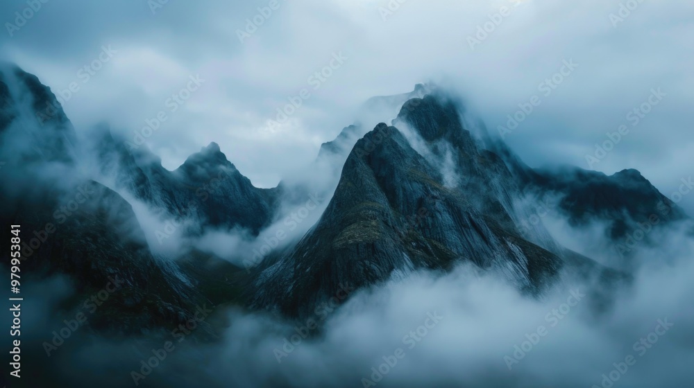 Misty mountain range with cloudy peaks and valleys, perfect for outdoor adventure or nature photography Misty mountain range with cloudy peaks and valleys, perfect for outdoor adventure or nature photography