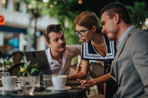 Group of business professionals meeting outdoors, discussing ideas and collaborating at a cafe. Focused teamwork and communication for project planning and productivity in a modern work environment.