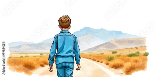 A young child walking alone behind. Watercolor illustration. Digital oil painting vector landscape. Alone boy artwork