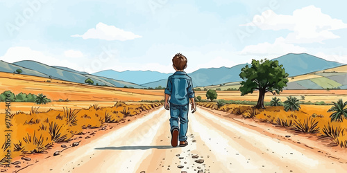 A young child walking alone behind. Watercolor illustration. Digital oil painting vector landscape. Alone boy artwork