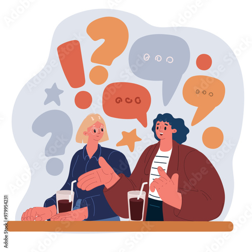 Cartoon vector illustration of two female friends sitting and chatting in a café, concept of friendship and social interaction