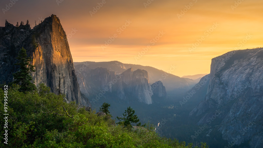 hiking the four mile trail at sunset in yosemite national park, california