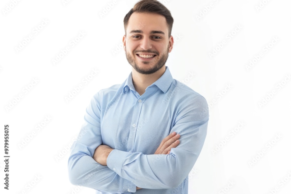 A person standing with their arms crossed, wearing a blue shirt A person standing with their arms crossed, wearing a blue shirt