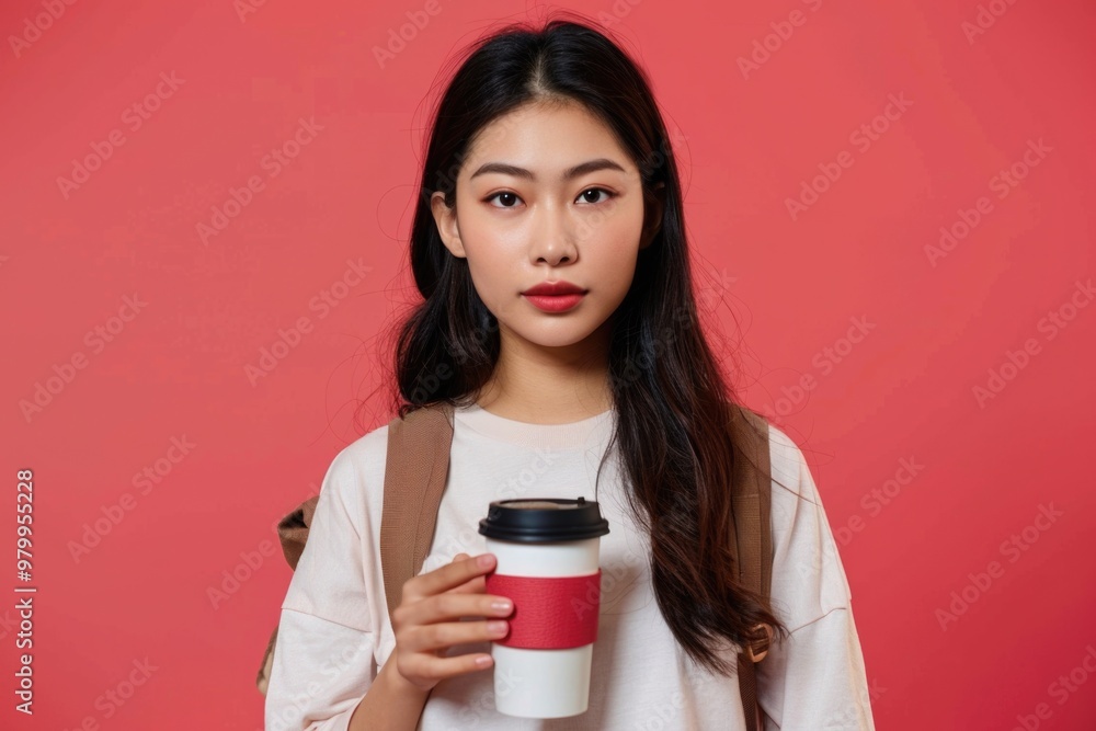 A person enjoying coffee while carrying a backpack, possibly for travel or hiking A person enjoying coffee while carrying a backpack, possibly for travel or hiking