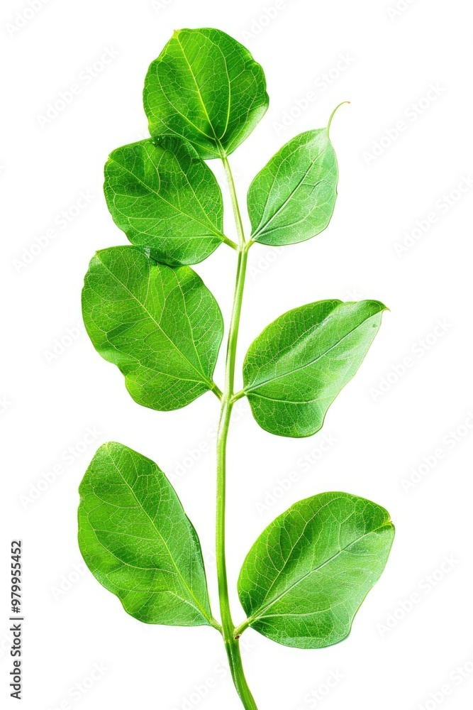 Fototapeta premium A single plant with green leaves sitting on a white background, ideal for use in still life or nature photography projects