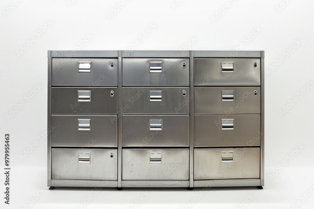 Row of metal file cabinets with multiple drawers Row of metal file cabinets with multiple drawers