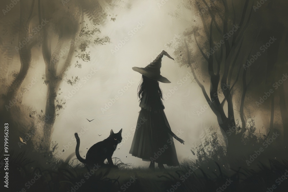 A woman wearing a traditional witch's hat stands next to a curious cat A woman wearing a traditional witch's hat stands next to a curious cat