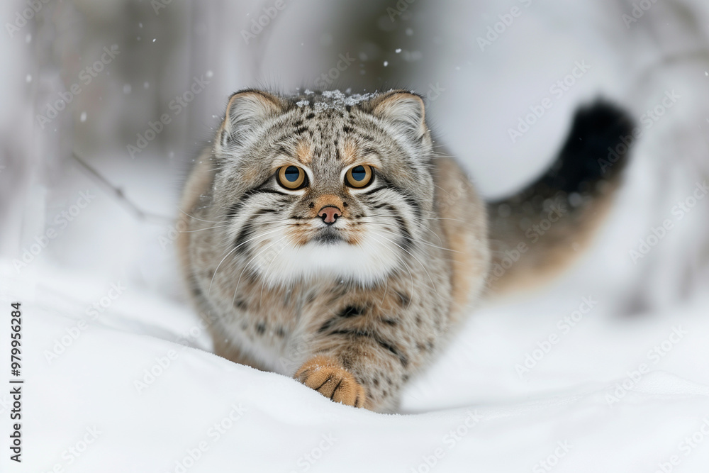 Manul Elegantly walking in the snow, a pallas's cat displays its natural beauty and uniqueness as delicate flakes fall on its fur Manul Elegantly walking in the snow, a pallas's cat displays its natural beauty and uniqueness as delicate flakes fall on its fur