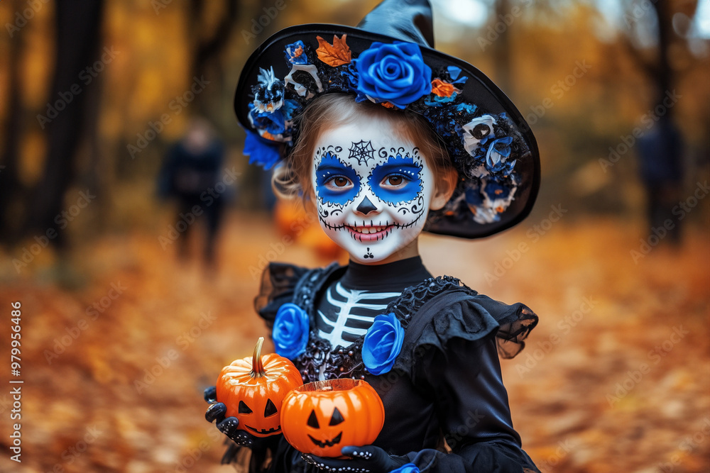 A young girl dressed in a striking Day of the Dead costume poses in an autumn forest setting. The child's face is elaborately painted, and they hold two small pumpkin decorations,colorful fall leaves. A young girl dressed in a striking Day of the Dead costume poses in an autumn forest setting. The child's face is elaborately painted, and they hold two small pumpkin decorations,colorful fall leaves.