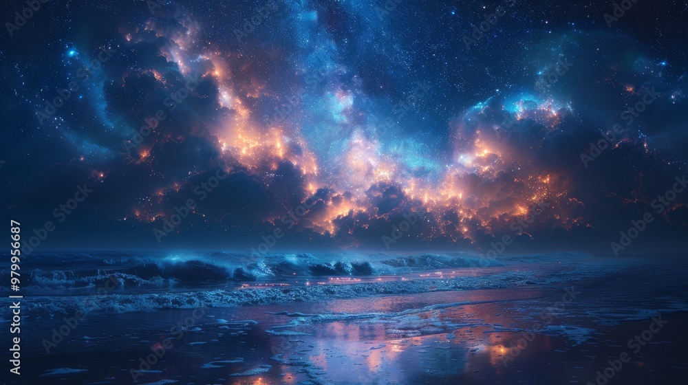 Night sky with vibrant clouds and stars over ocean waves on a beach. Night sky with vibrant clouds and stars over ocean waves on a beach.