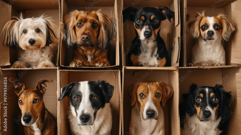 A group of dogs sit inside a cardboard box, ready for adventure or seeking shelter A group of dogs sit inside a cardboard box, ready for adventure or seeking shelter