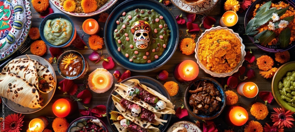 Traditional Mexican Foods for Day of the Dead Celebration - Tamales, Pan de Muerto, Mole, Candles & Sugar Skulls Traditional Mexican Foods for Day of the Dead Celebration - Tamales, Pan de Muerto, Mole, Candles & Sugar Skulls
