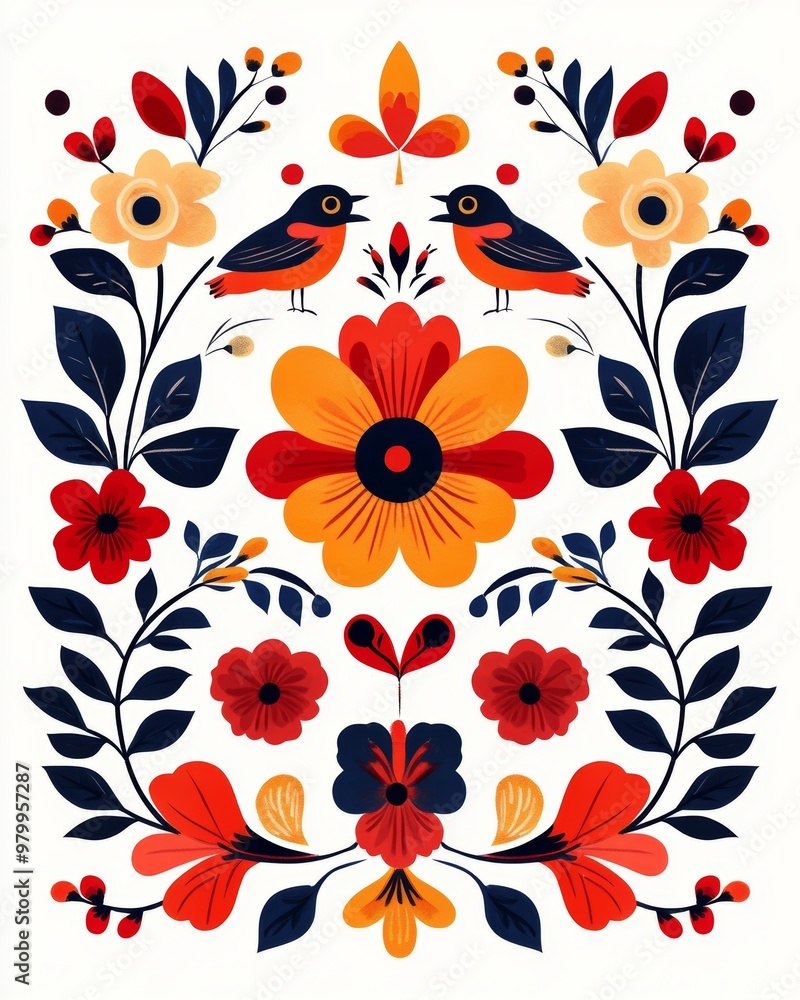 Symmetrical Folk Art Pattern with Vibrant Floral Designs Symmetrical Folk Art Pattern with Vibrant Floral Designs