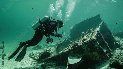 Wallpaper Mural A female diver investigates the remains of a shipwreck, surrounded by marine life in pristine waters, demonstrating the beauty of underwater exploration and adventure Torontodigital.ca