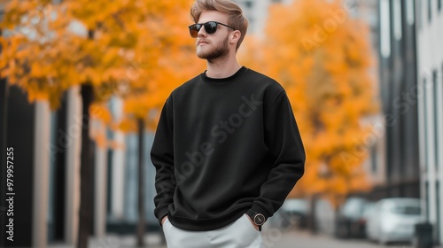 Fototapeta Naklejka Na Ścianę i Meble -  Man wearing blank black sweatshirt, street style mockup for branding.